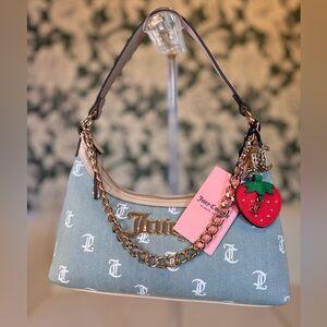 Juicy Couture Blue and Gold Shoulder Bag with Strawberry Charm and Gold Chain NW